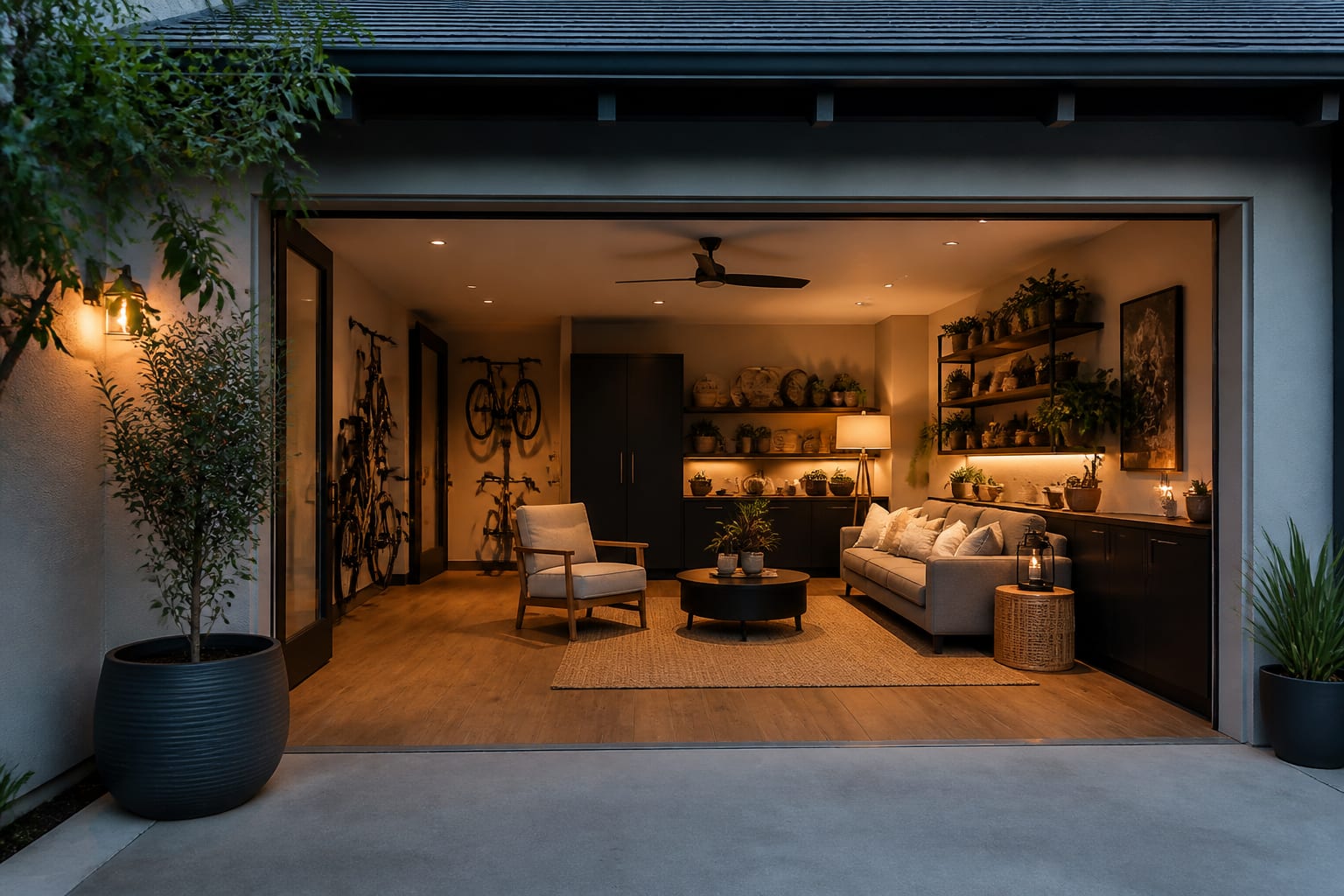 Converted garage preview with warm flooring, compact seating, layered lighting, and storage replacing the blank concrete box.
