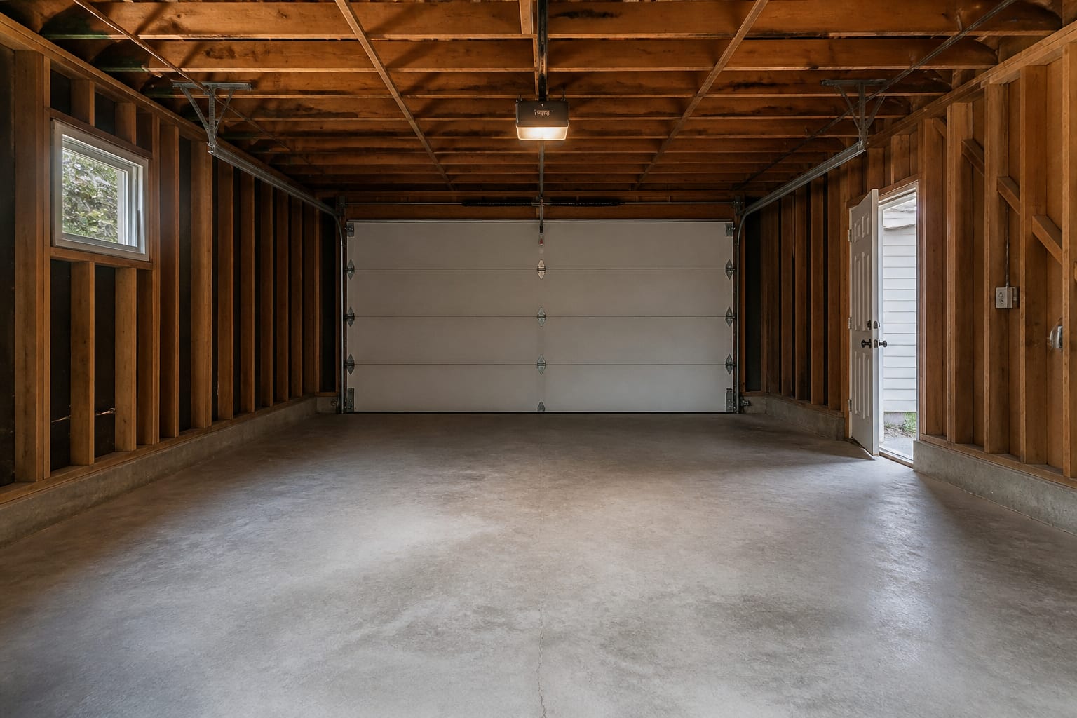Blank garage conversion before view with concrete floor, overhead door outline, exposed tracks, and no clear living zone.