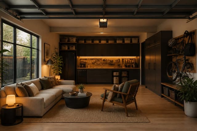 Converted garage preview with warm flooring, compact seating, layered lighting, and storage replacing the blank concrete box.