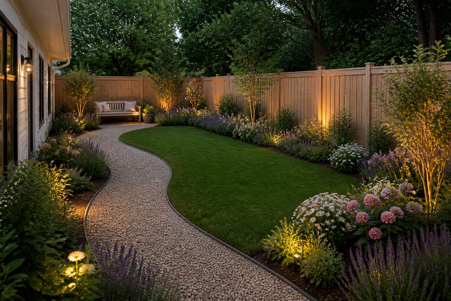 cottage garden preview with curved gravel walk, layered flowering borders, roses, lavender, foxgloves, and a bench