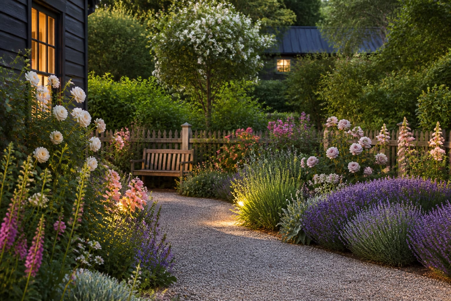 curving gravel path through layered cottage borders with roses, foxgloves, lavender, and a small bench near a picket fence