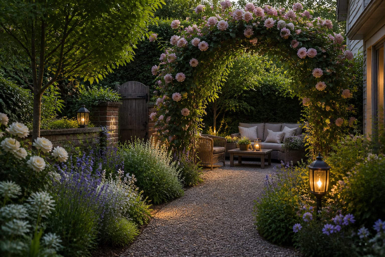small cottage garden seating area with pea gravel, climbing rose arbor, layered perennials, and soft evening path lights