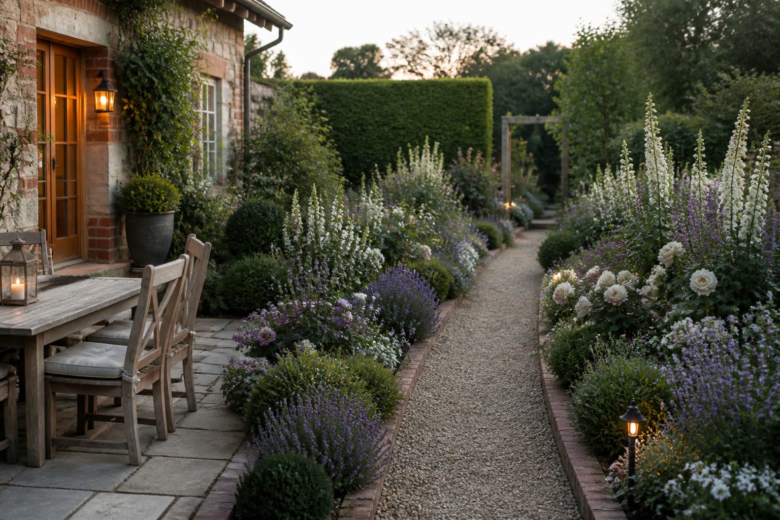 layered cottage border with brick edging, repeated lavender, pale roses, tall spires, and a narrow gravel maintenance path