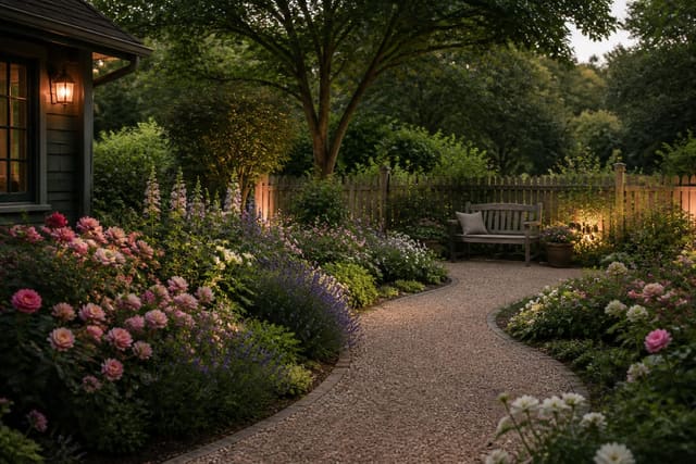 curving gravel path through layered cottage borders with roses, foxgloves, lavender, and a small bench near a picket fence