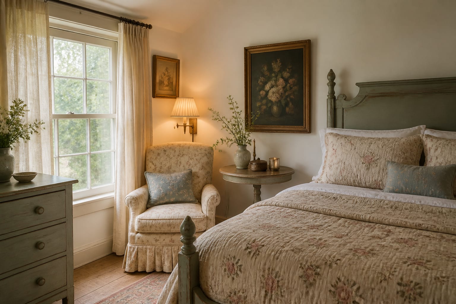 cottagecore bedroom with faded floral bedding, painted wood furniture, linen curtains, and warm lamplight around a small reading chair