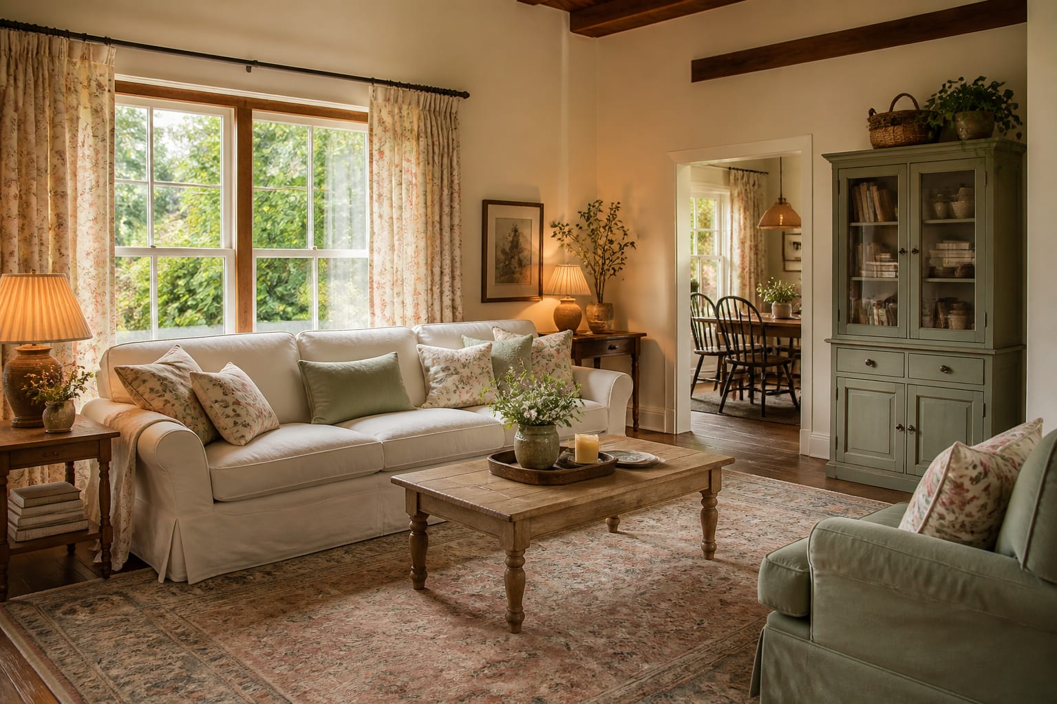 cottagecore living room with a slipcovered sofa, botanical curtains, warm lamps, painted cabinet, and a large muted rug