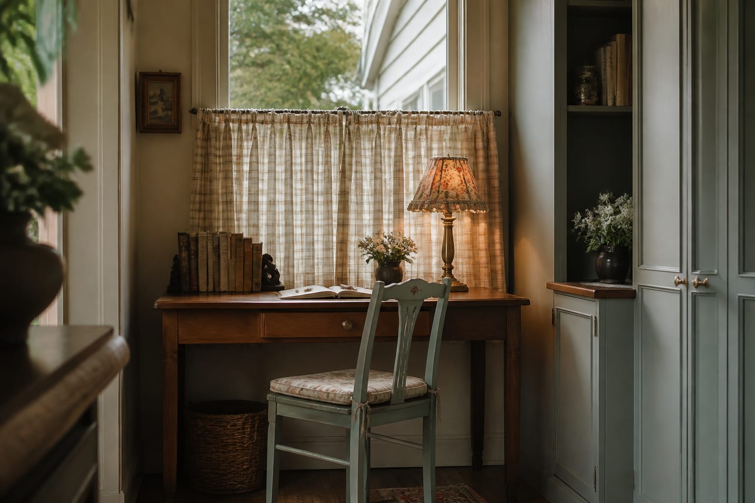 desk nook with checked café curtains, painted vintage chair, small floral shade, books, and warm cottagecore task lighting