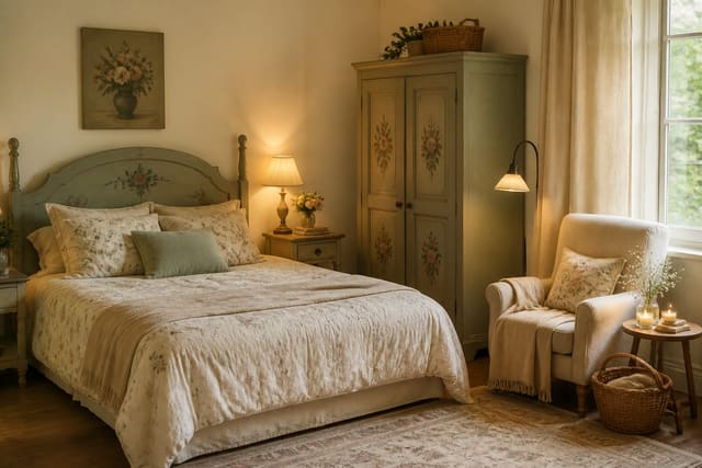 cottagecore bedroom with faded floral bedding, painted wood furniture, linen curtains, and warm lamplight around a small reading chair