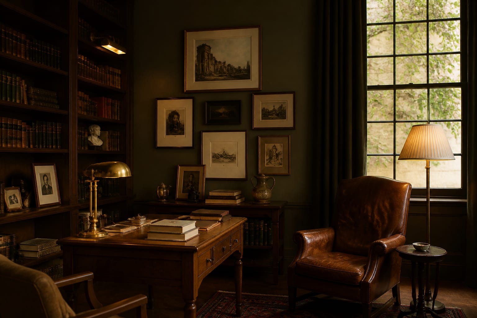 dark academia room with walnut bookshelves, olive walls, leather chair, brass lamp, framed art, and a readable writing desk