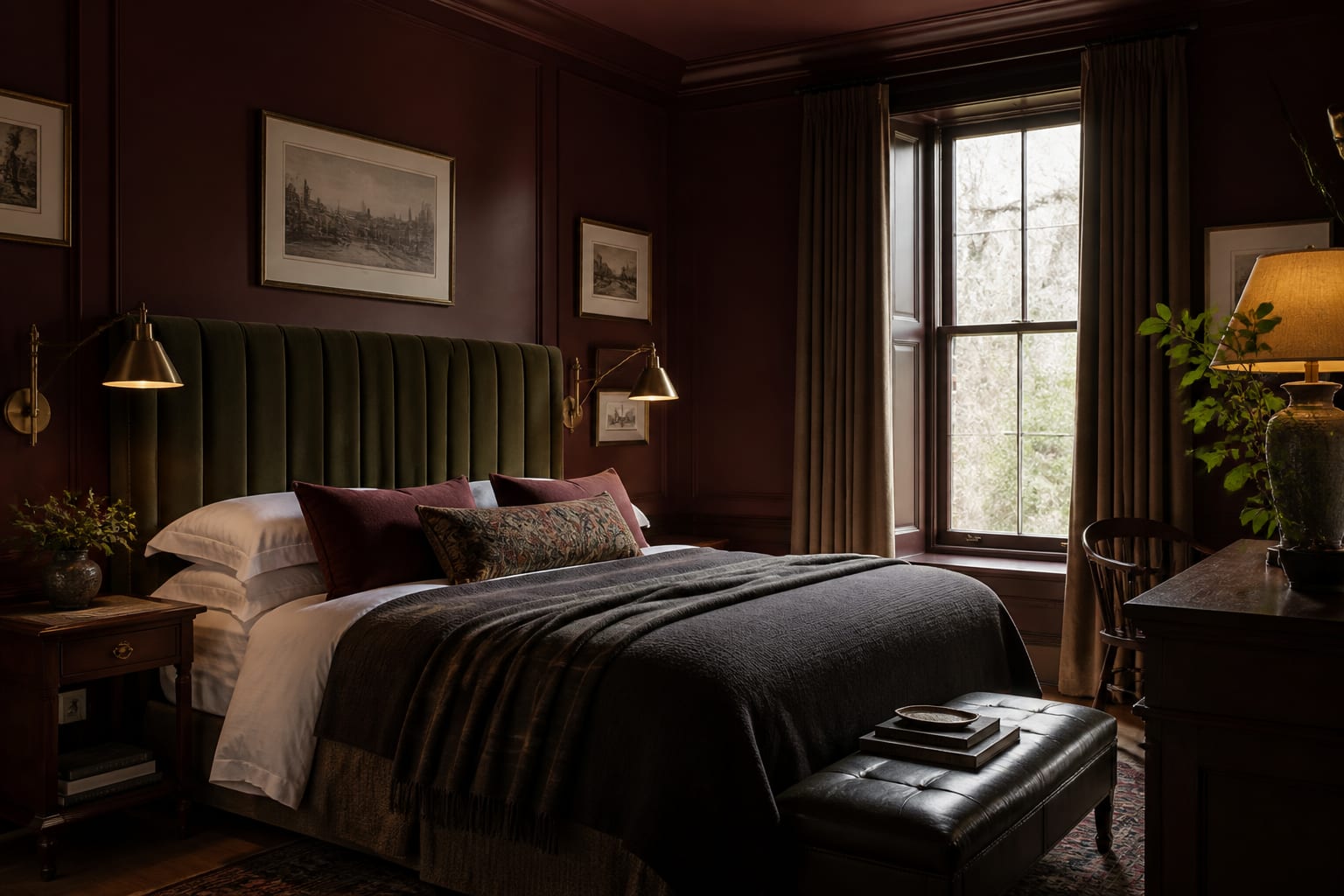 dark scholar bedroom with oxblood walls, tall headboard, brass reading sconces, framed prints, and layered wool bedding