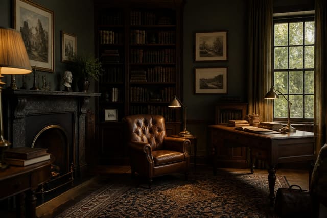 dark academia room with walnut bookshelves, olive walls, leather chair, brass lamp, framed art, and a readable writing desk
