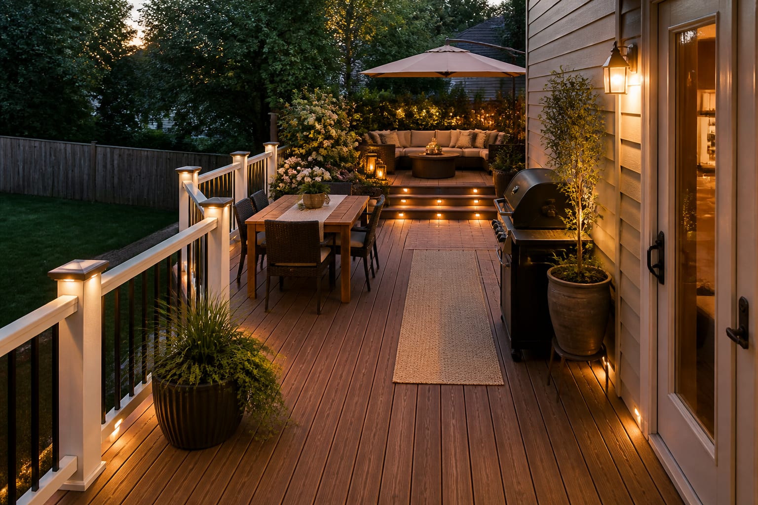 Same deck angle redesigned with composite boards, slim railings, dining zone, shaded lounge chairs, planters, and low glare deck lights.