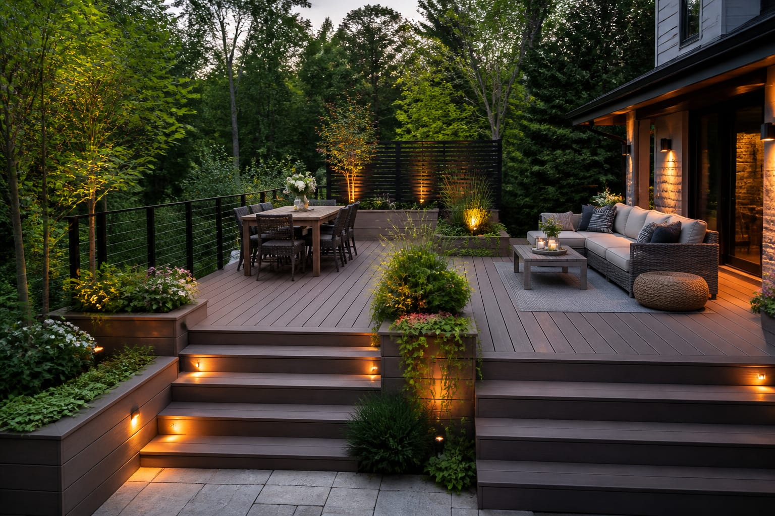 composite deck with defined dining and lounge zones, slim black railings, warm step lights, and layered planters around the perimeter