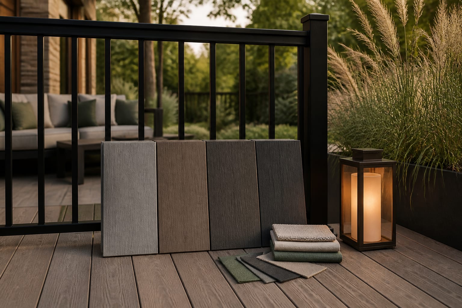 deck material board samples beside black railing, outdoor fabric, warm lantern, and planter grasses for finish comparison