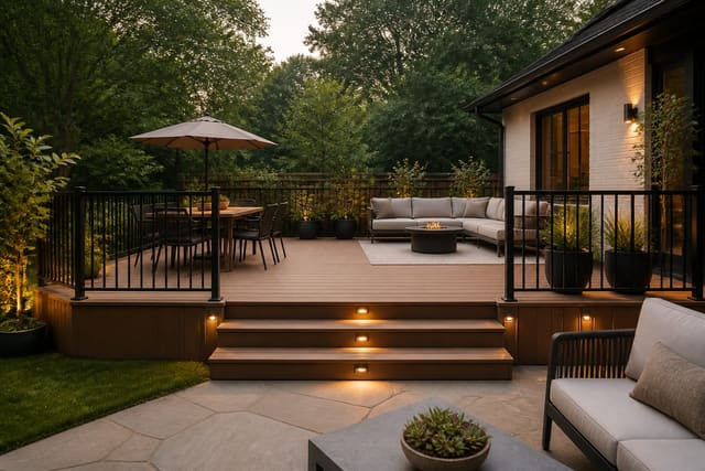 composite deck with defined dining and lounge zones, slim black railings, warm step lights, and layered planters around the perimeter