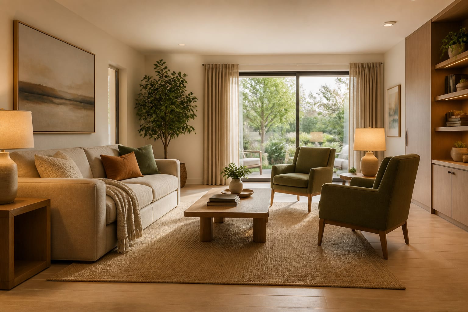 warm accessible living room with wide paths, low storage, supportive seating, matte flooring, and layered lamps