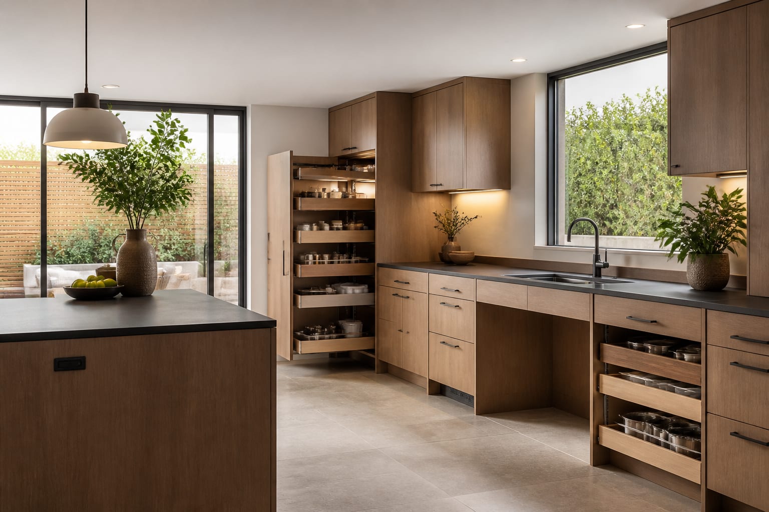 accessible kitchen with open knee space, pull-out storage, matte counters, lever handles, and clear wheelchair circulation