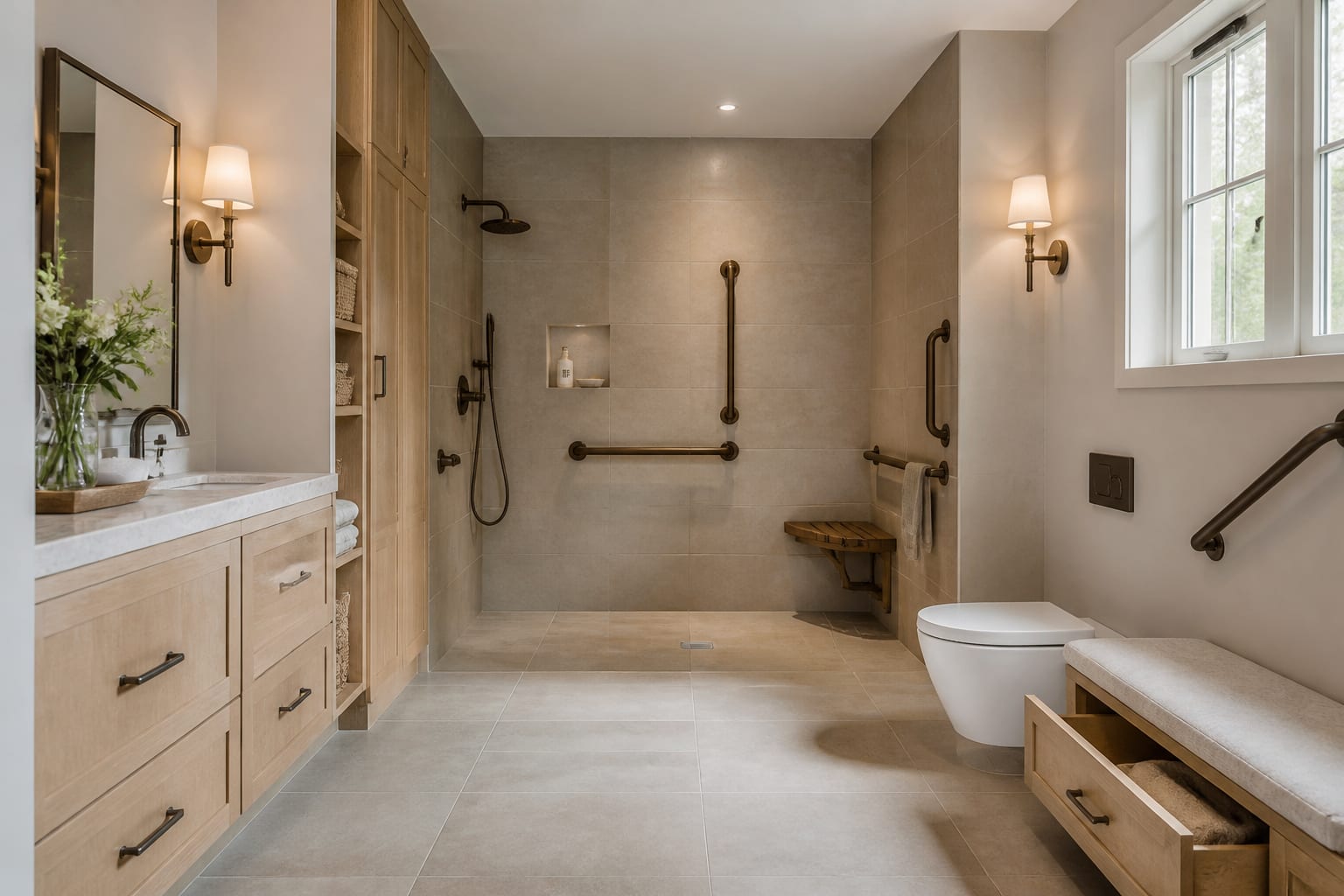 accessible bathroom with curbless shower, coordinated grab bars, warm sconces, matte tile, and seated storage access