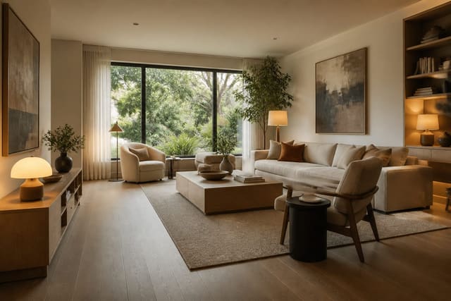 warm accessible living room with wide paths, low storage, supportive seating, matte flooring, and layered lamps