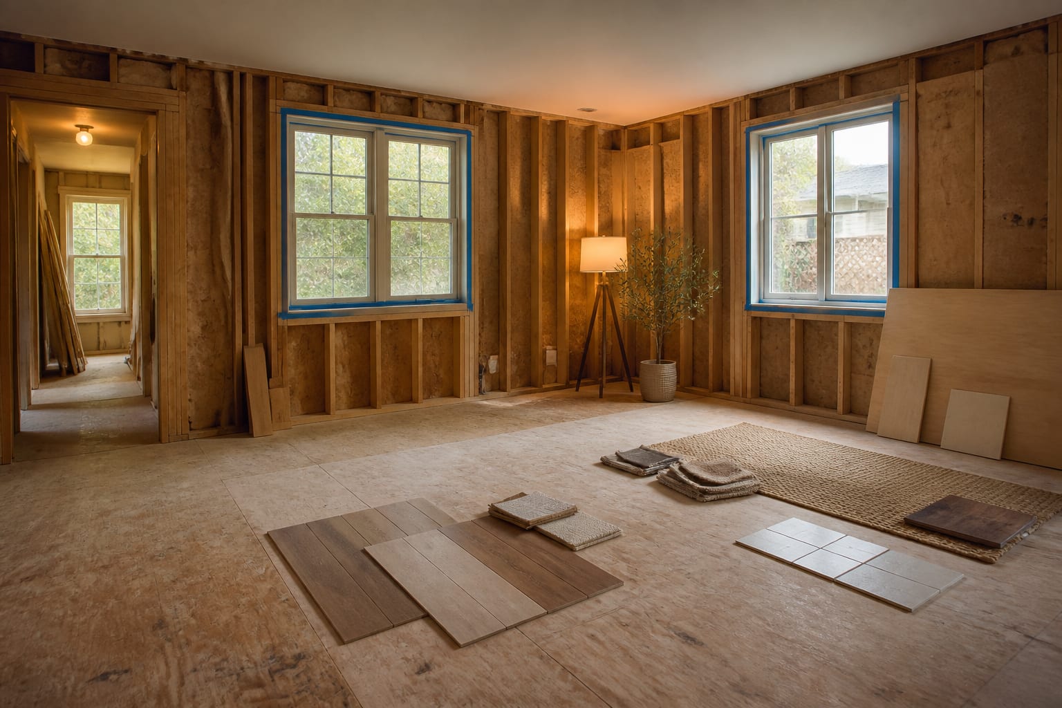 partially rebuilt living room shell with exposed subfloor, clean framing, taped windows, and sample boards for a warm practical redesign