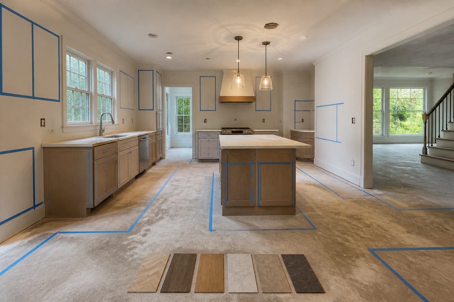 open kitchen rebuild with taped cabinet layout, pendant locations, flooring samples, and a measured aisle for a post-damage renovation