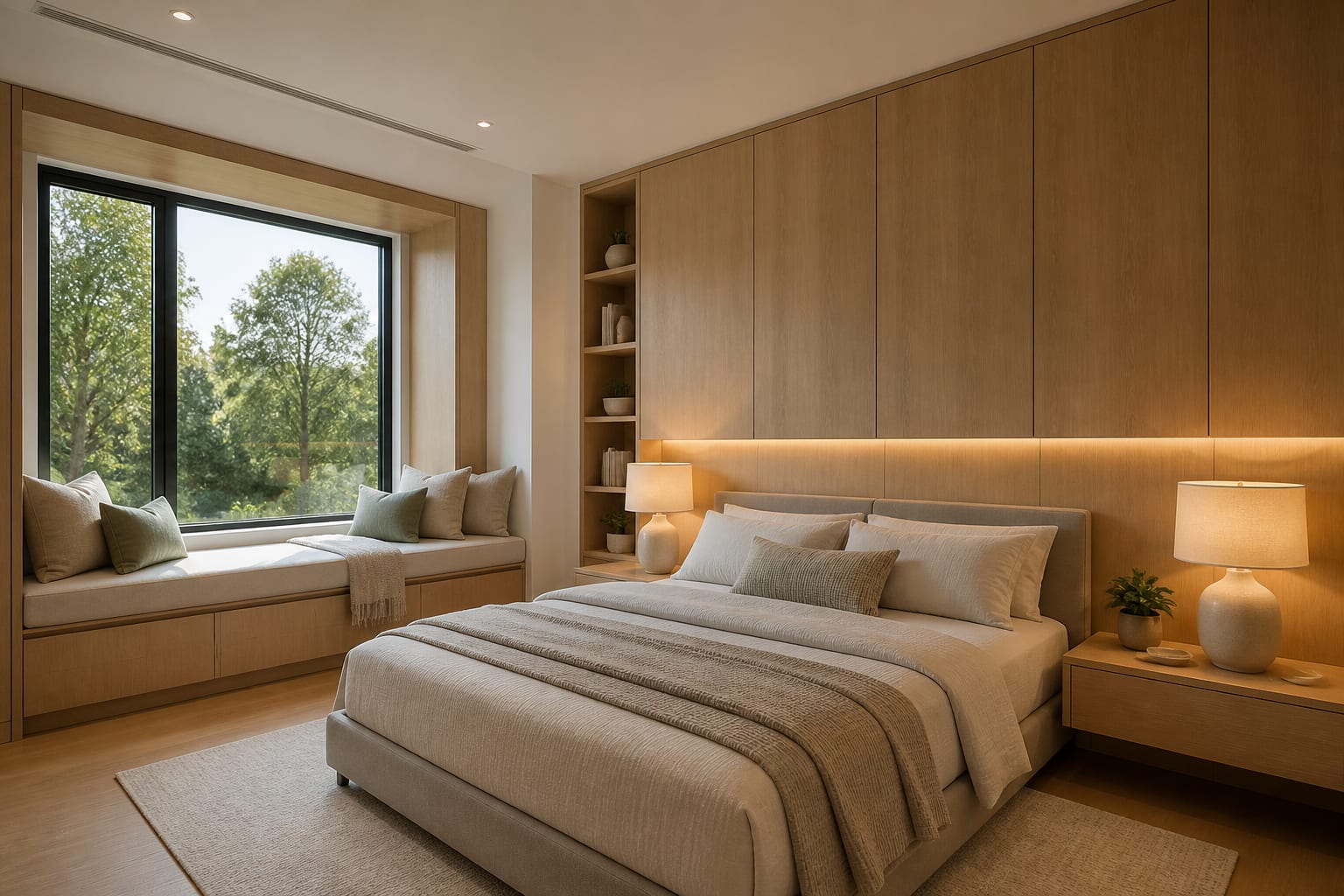 rebuilt bedroom concept with new drywall, warm lighting, improved storage off the floor avoided, measured bed clearance, and calm durable finishes