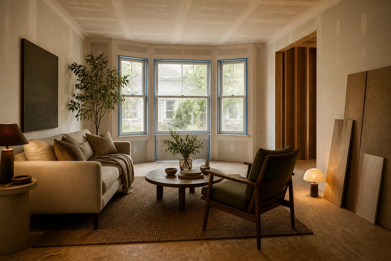 partially rebuilt living room shell with exposed subfloor, clean framing, taped windows, and sample boards for a warm practical redesign