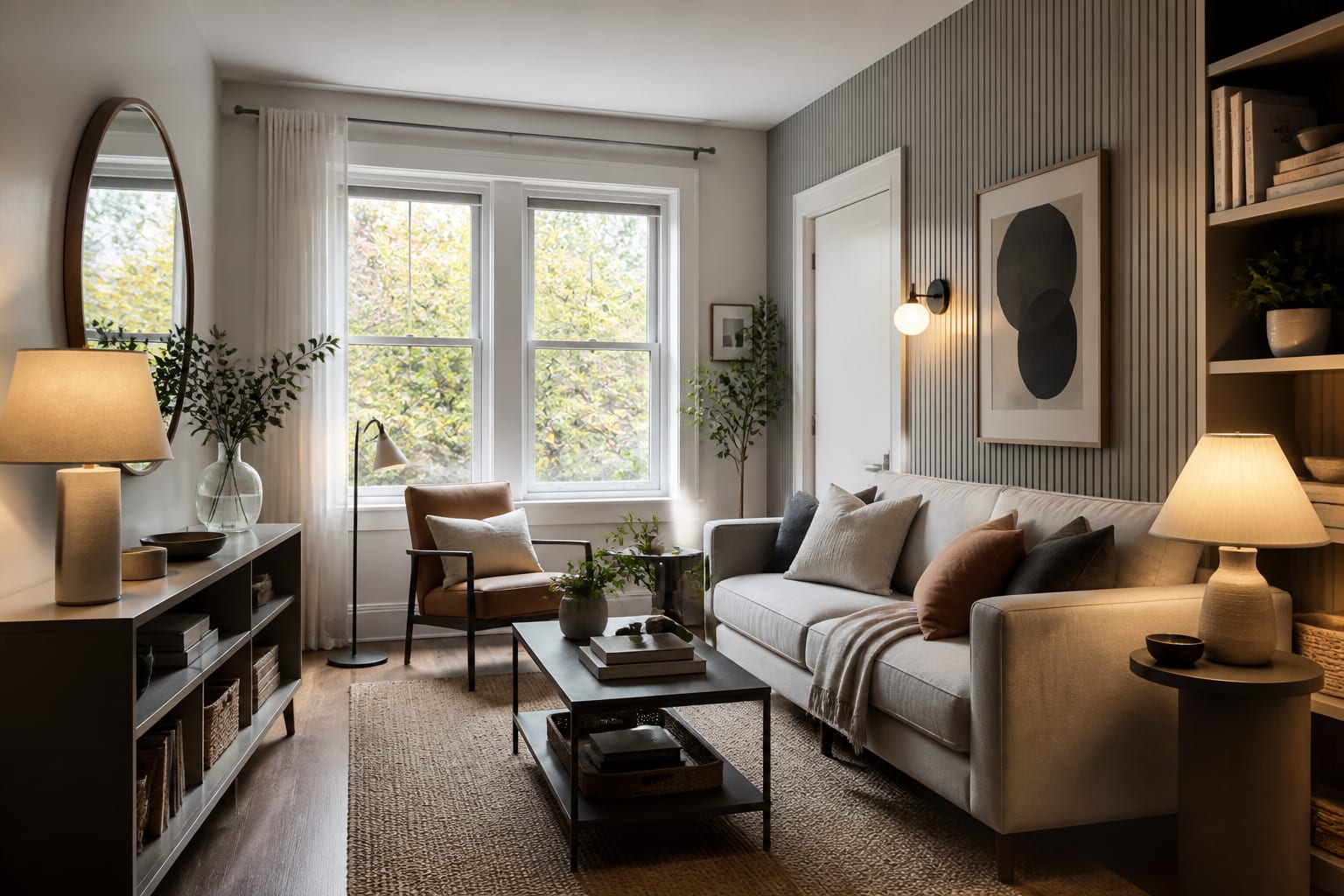 renter-friendly apartment living room with slim sofa, layered lamps, removable wall treatment, and measured storage zones