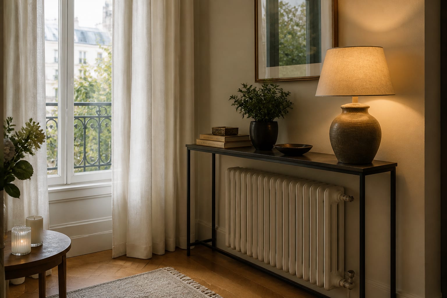 small apartment corner with radiator clearance, narrow console, warm lamp, and no-drill curtain solution