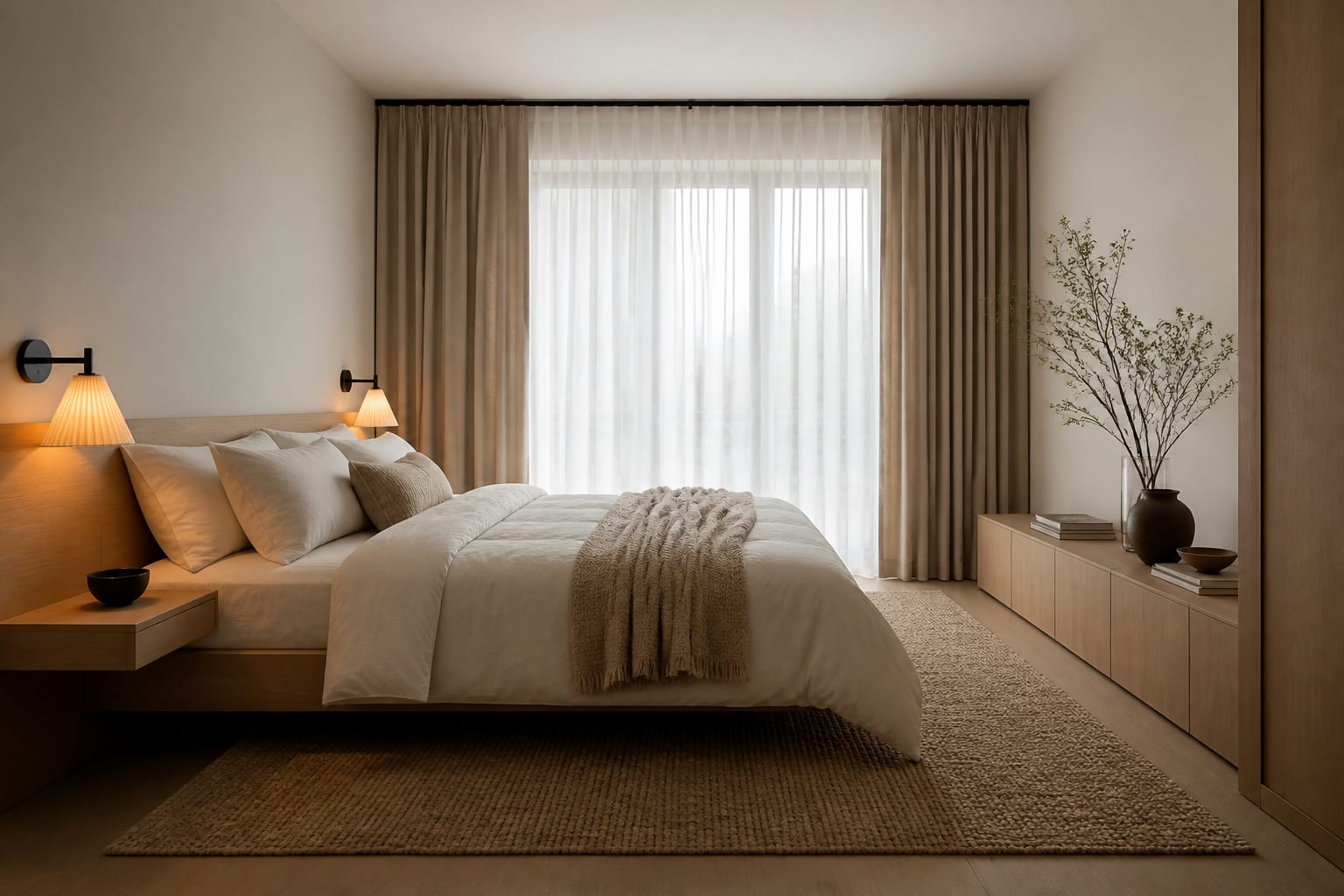 apartment bedroom preview with plug-in sconces, full-height curtains, low-profile storage, and measured clearance around the bed