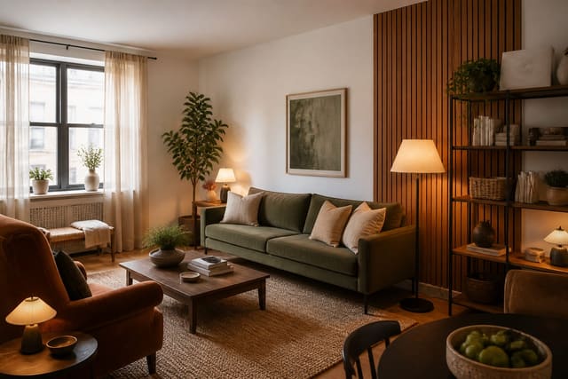renter-friendly apartment living room with slim sofa, layered lamps, removable wall treatment, and measured storage zones