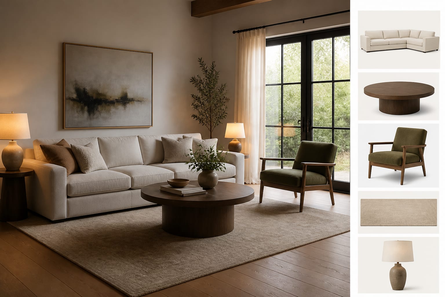 AI-generated living room preview with a sofa swap, rug sizing notes, and furniture product cards beside the room image