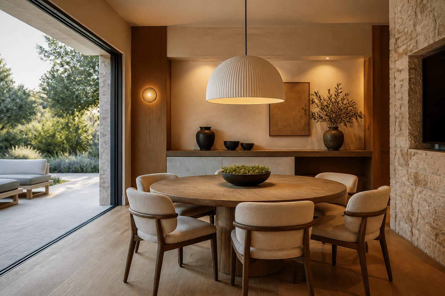 Dining area preview with an AI product list showing table diameter, chair count, pendant size, and finish notes