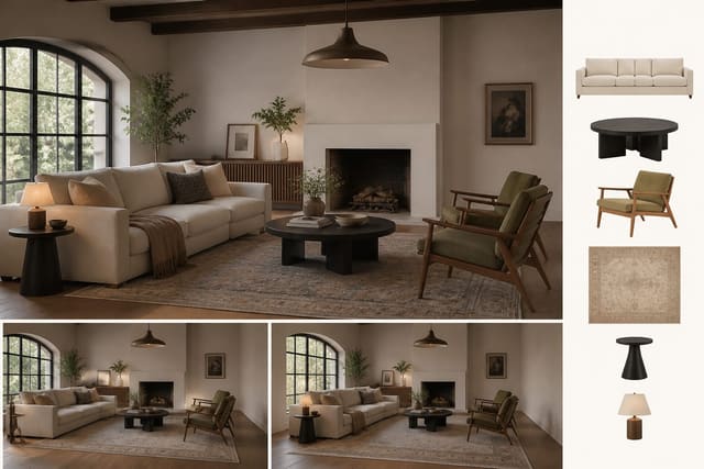 AI-generated living room preview with a sofa swap, rug sizing notes, and furniture product cards beside the room image