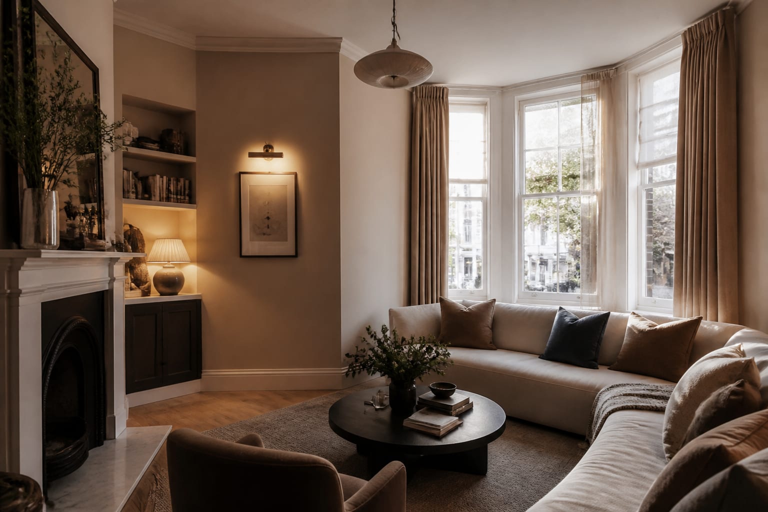 angled living room with a bay window, narrow alcove shelving, warm lamps, and a sofa layout that follows the odd footprint