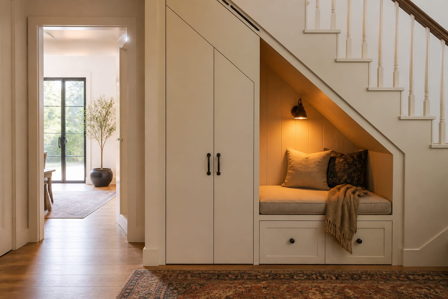 small alcove converted into closed storage and a reading nook with a warm sconce and a clear walking path