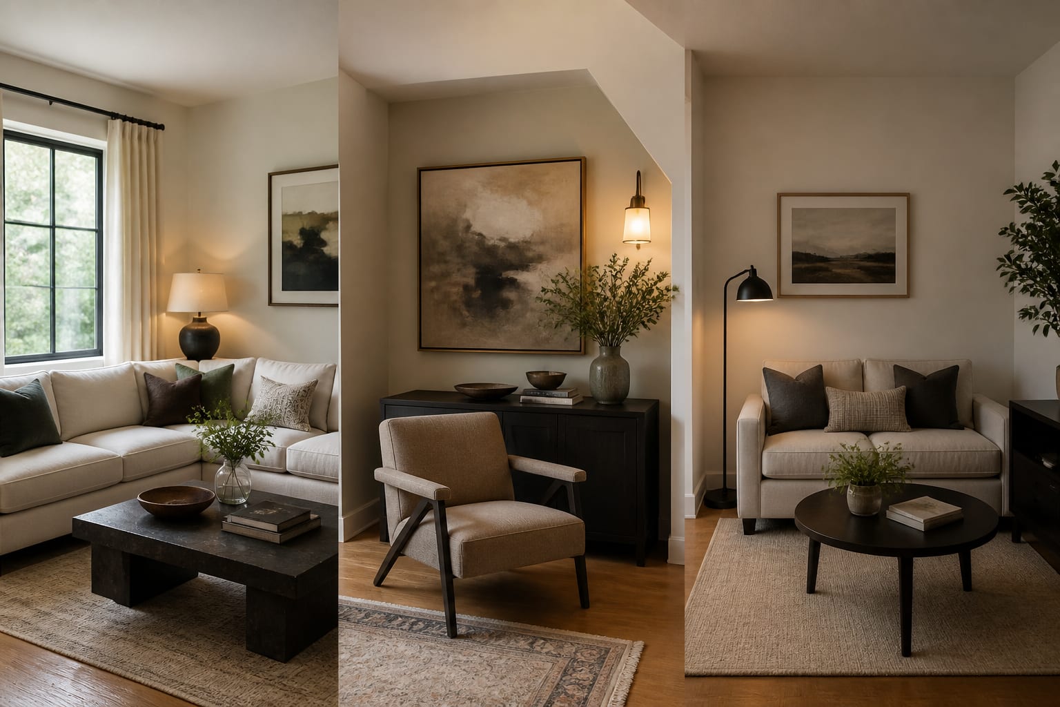 AI preview of an irregular living room showing three layout options for an alcove, angled wall, and compact seating area