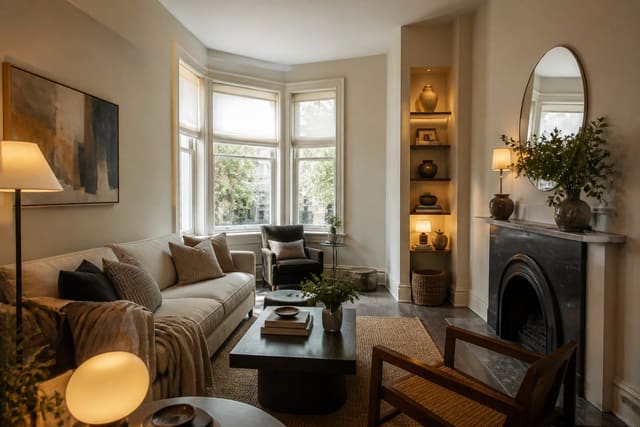 angled living room with a bay window, narrow alcove shelving, warm lamps, and a sofa layout that follows the odd footprint