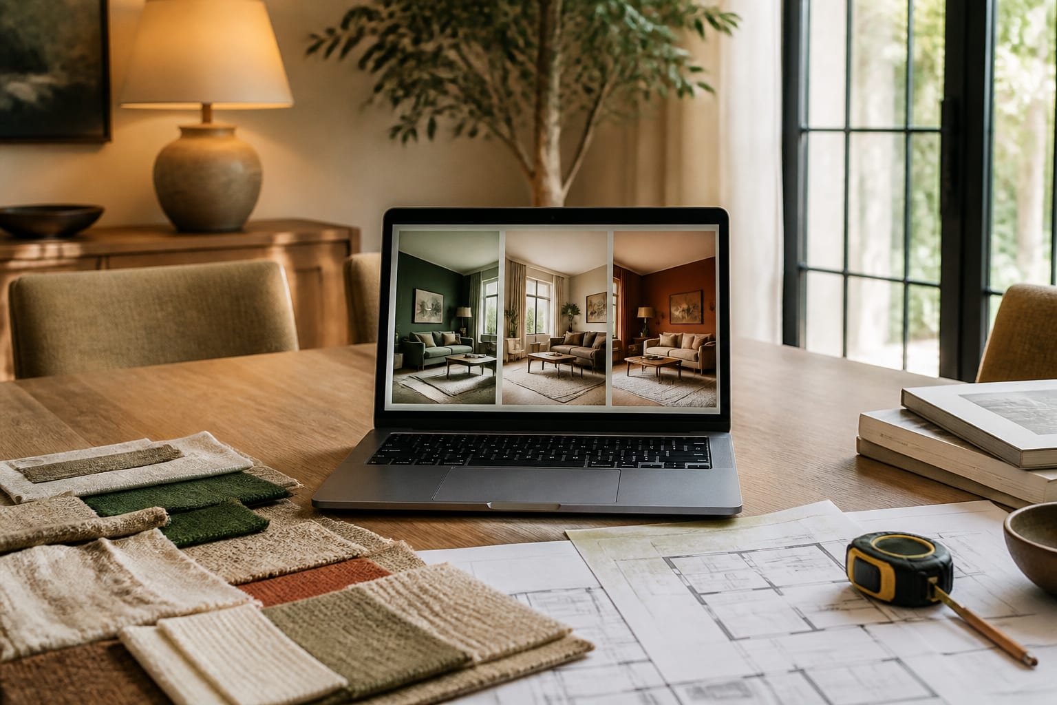 homeowner laptop showing three AI room concepts beside fabric samples, floor plan notes, and a measuring tape on a dining table