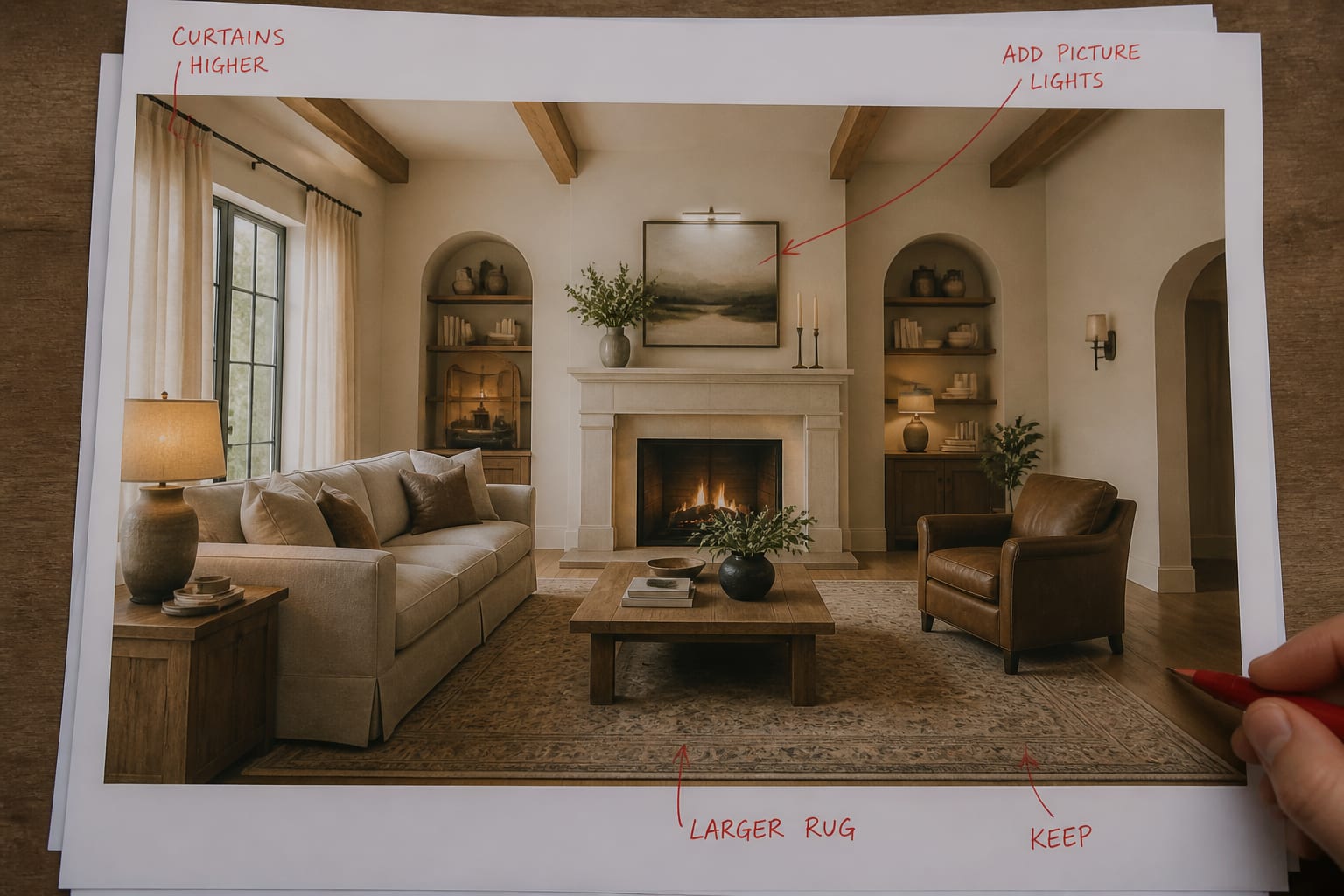 printed AI room concepts with red pen notes pointing to rug size, curtain height, lighting, and furniture that must stay