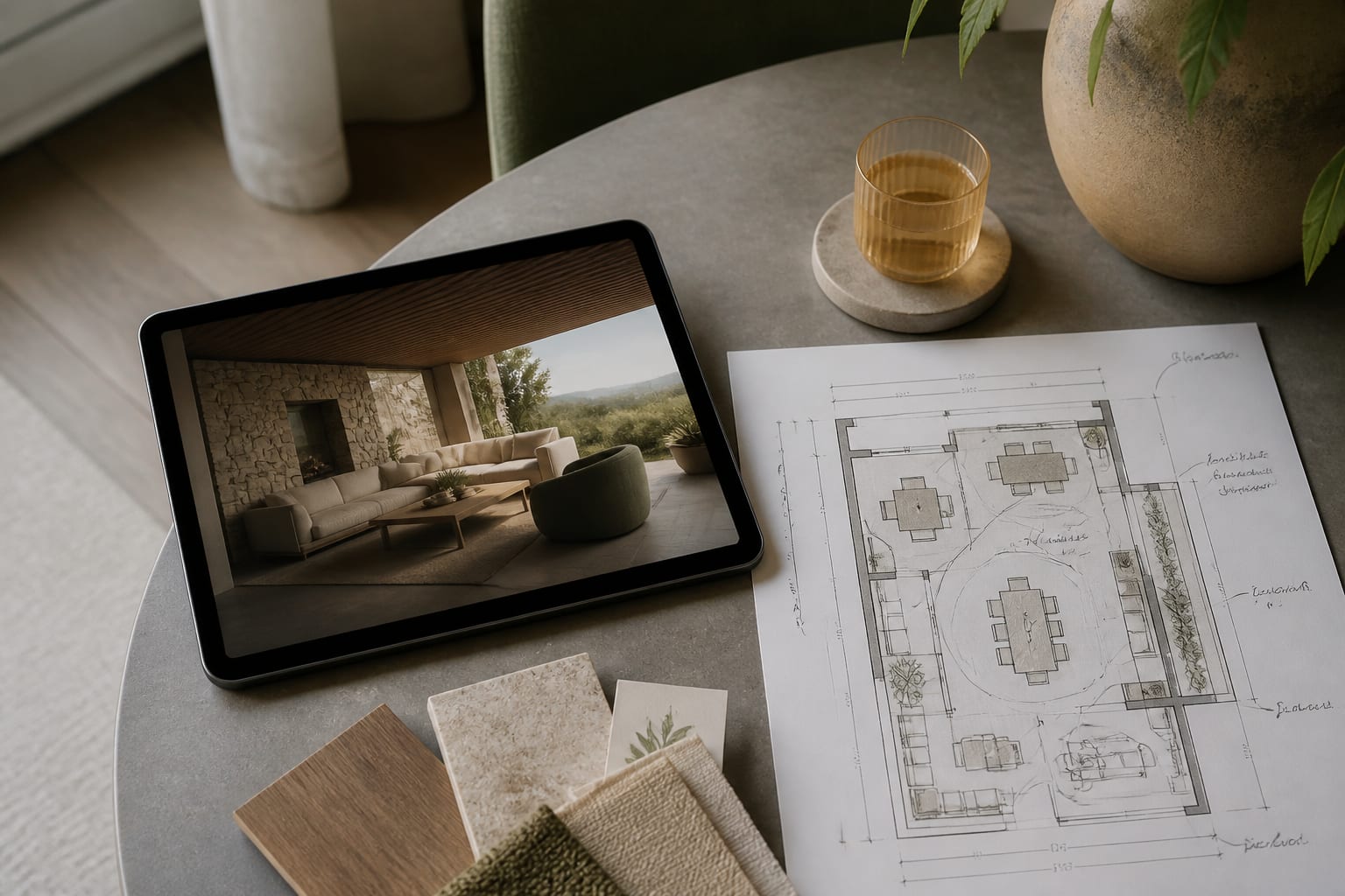 AI redesign preview on a tablet beside a one-page designer brief with measurements, budget notes, and circled must-keep furniture