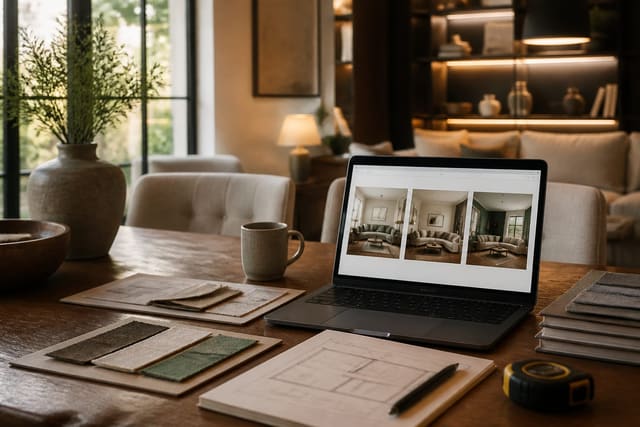 homeowner laptop showing three AI room concepts beside fabric samples, floor plan notes, and a measuring tape on a dining table