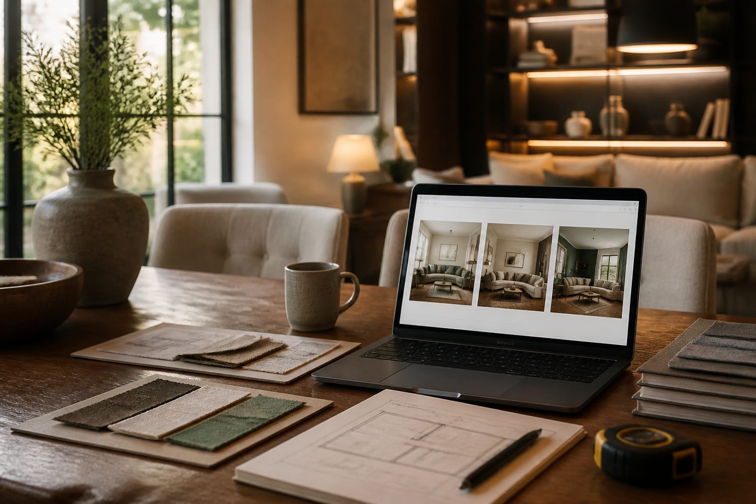 homeowner laptop showing three AI room concepts beside fabric samples, floor plan notes, and a measuring tape on a dining table