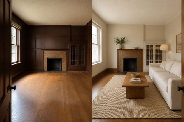 A residential living room photographed from a doorway with a redesigned overlay on the right half showing new paint, sofa, rug, and lighting while the windows, walls, and floor stay identical