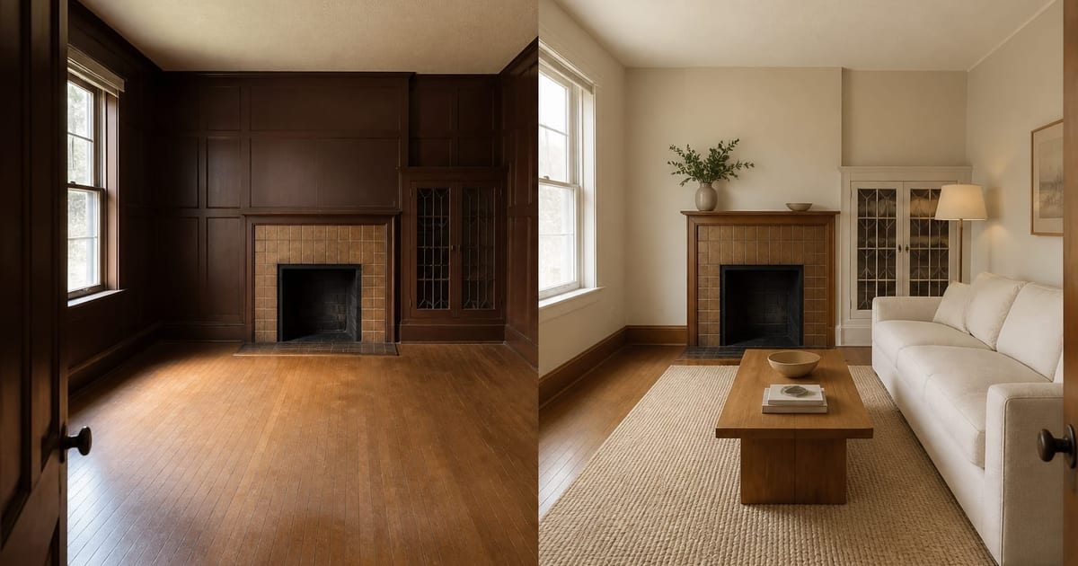 A residential living room photographed from a doorway with a redesigned overlay on the right half showing new paint, sofa, rug, and lighting while the windows, walls, and floor stay identical