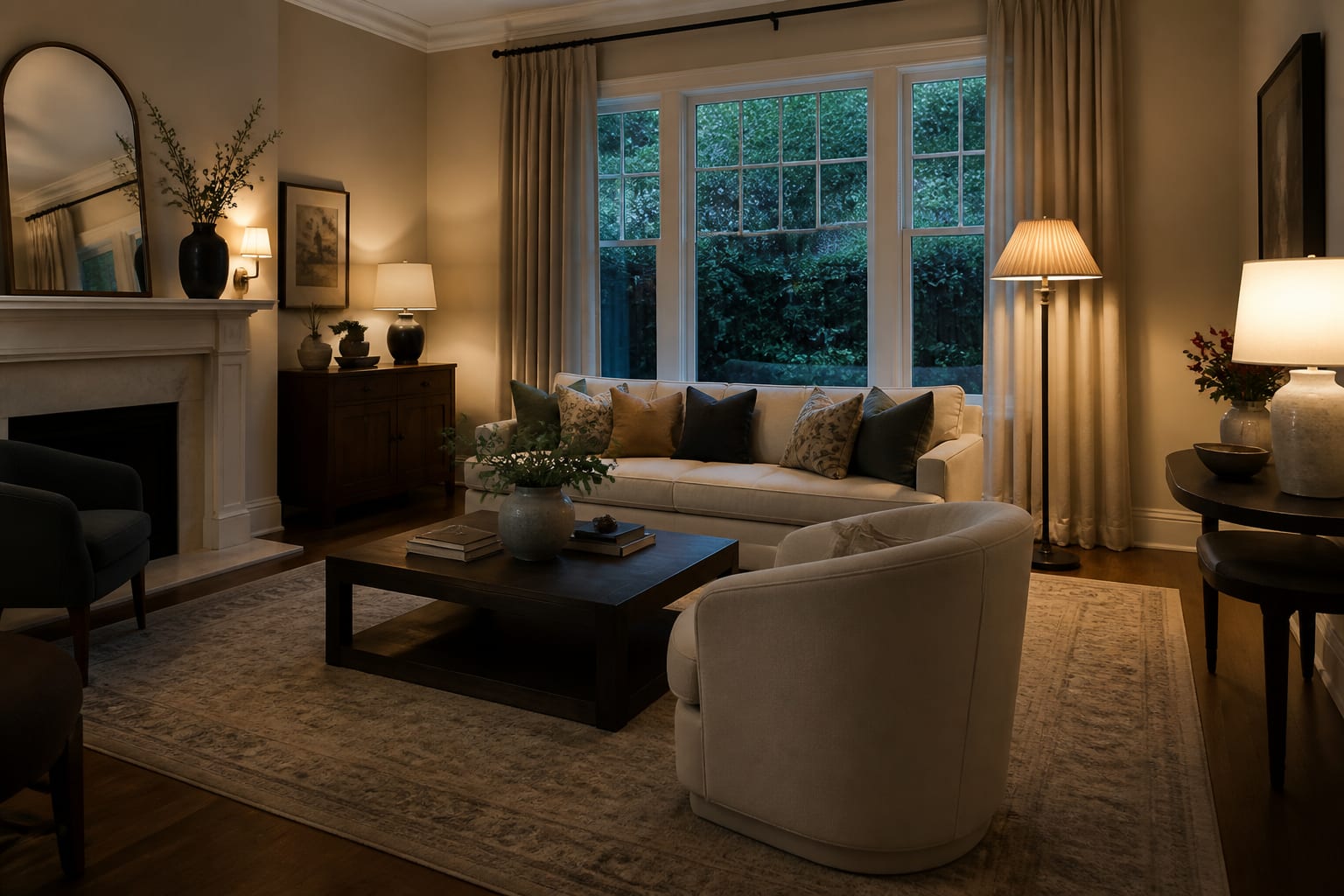 dim living room photographed with lamps on, visible corners, warm lighting, and enough floor detail for an AI redesign preview