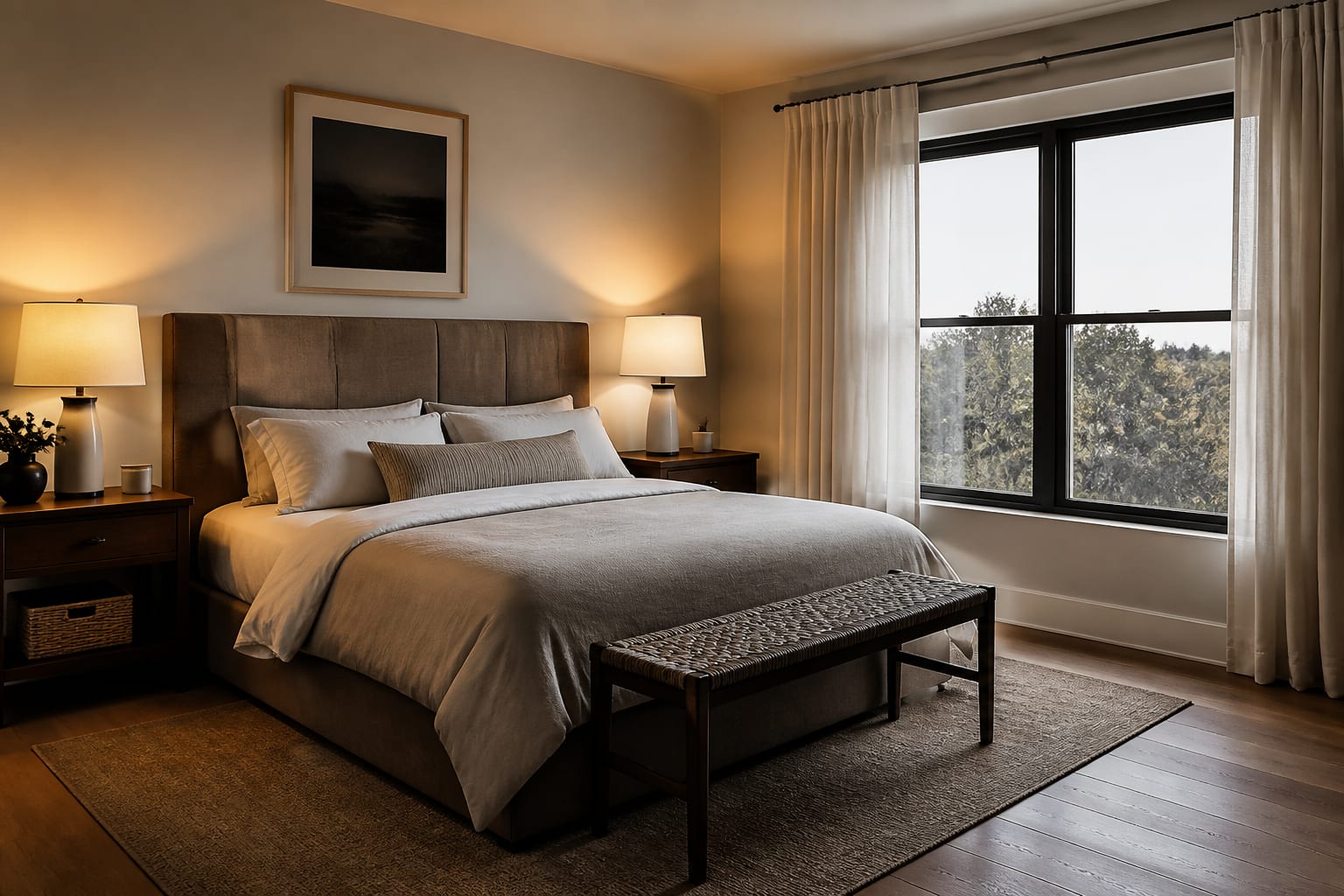low-light bedroom photo setup with lamps on, curtains open, visible nightstands, floor edges, and clear wall corners