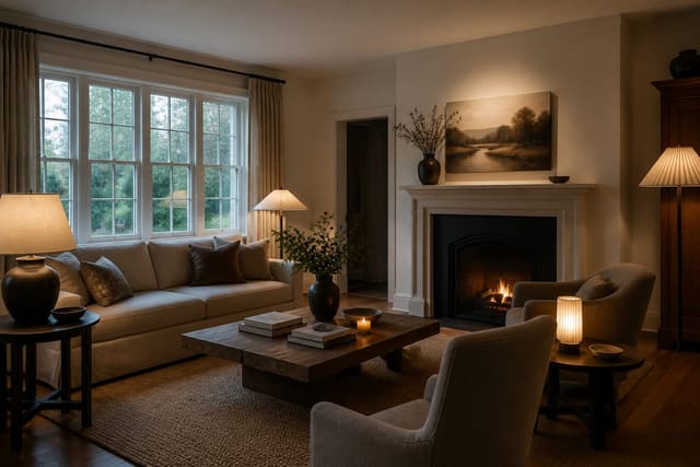 dim living room photographed with lamps on, visible corners, warm lighting, and enough floor detail for an AI redesign preview
