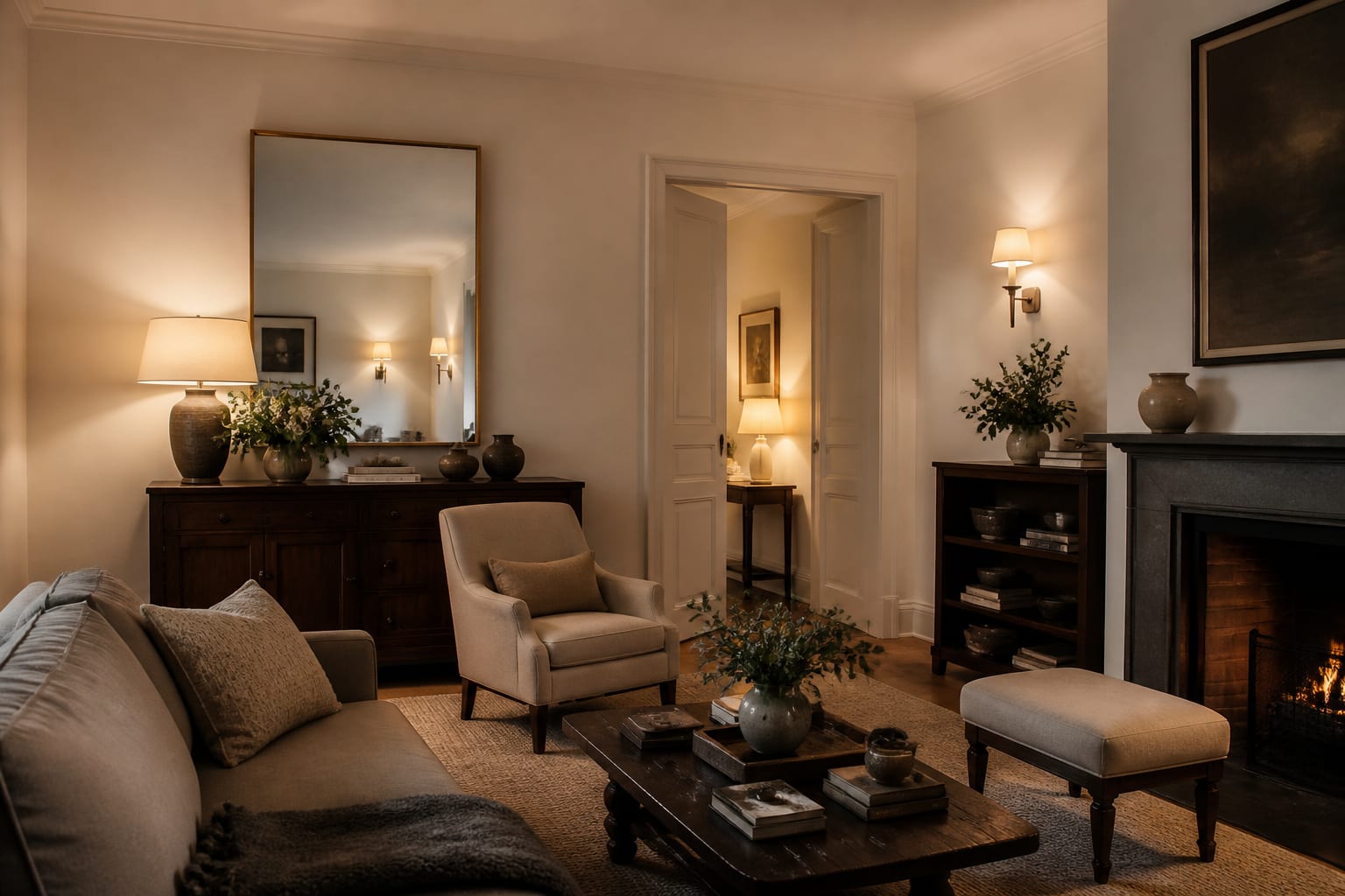 warm windowless sitting room with layered lamps, cream walls, walnut furniture, mirror reflection, and soft 2700k lighting
