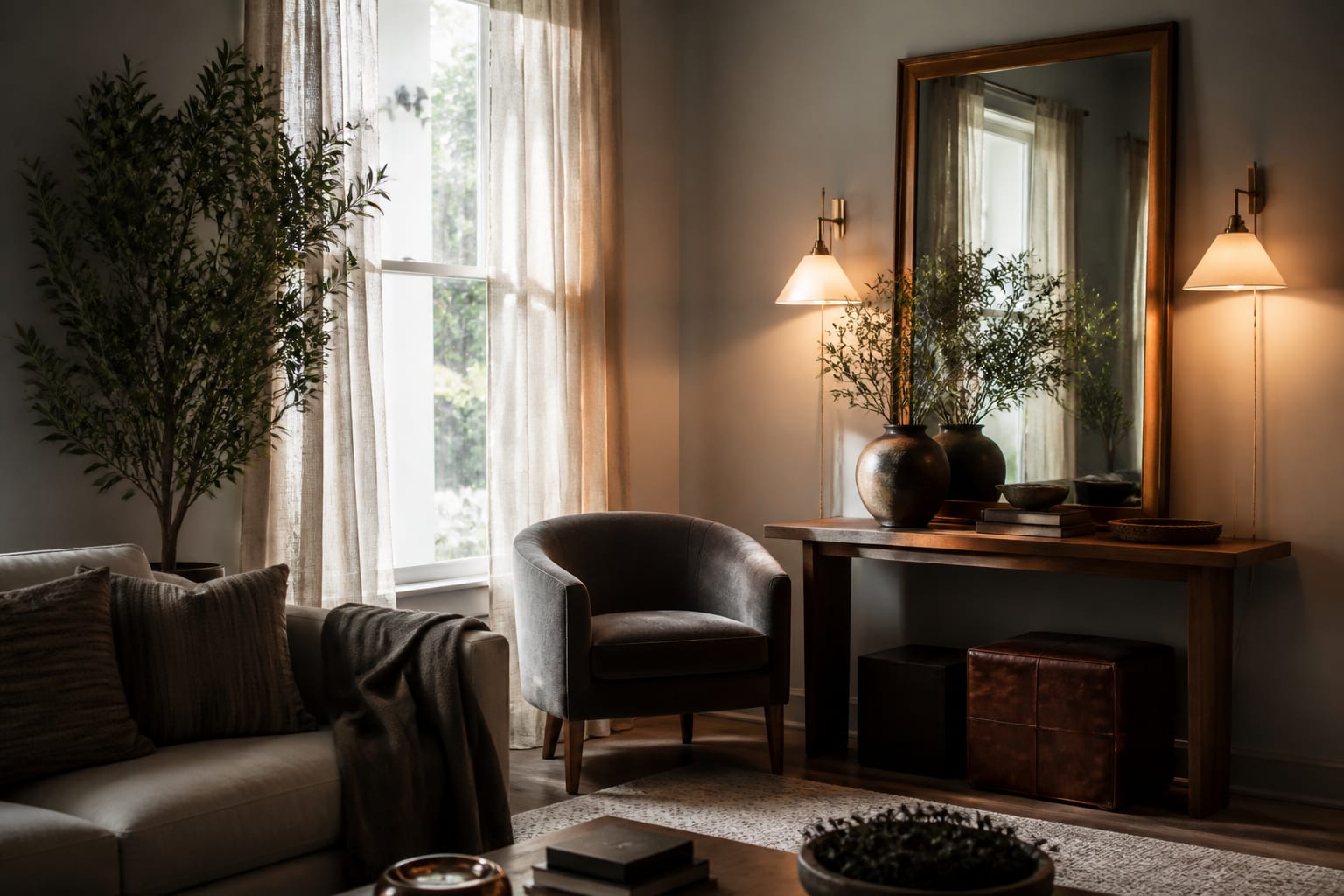 dim living room corner redesigned with plug in sconces, pale textured rug, linen curtains, and a mirror catching lamplight